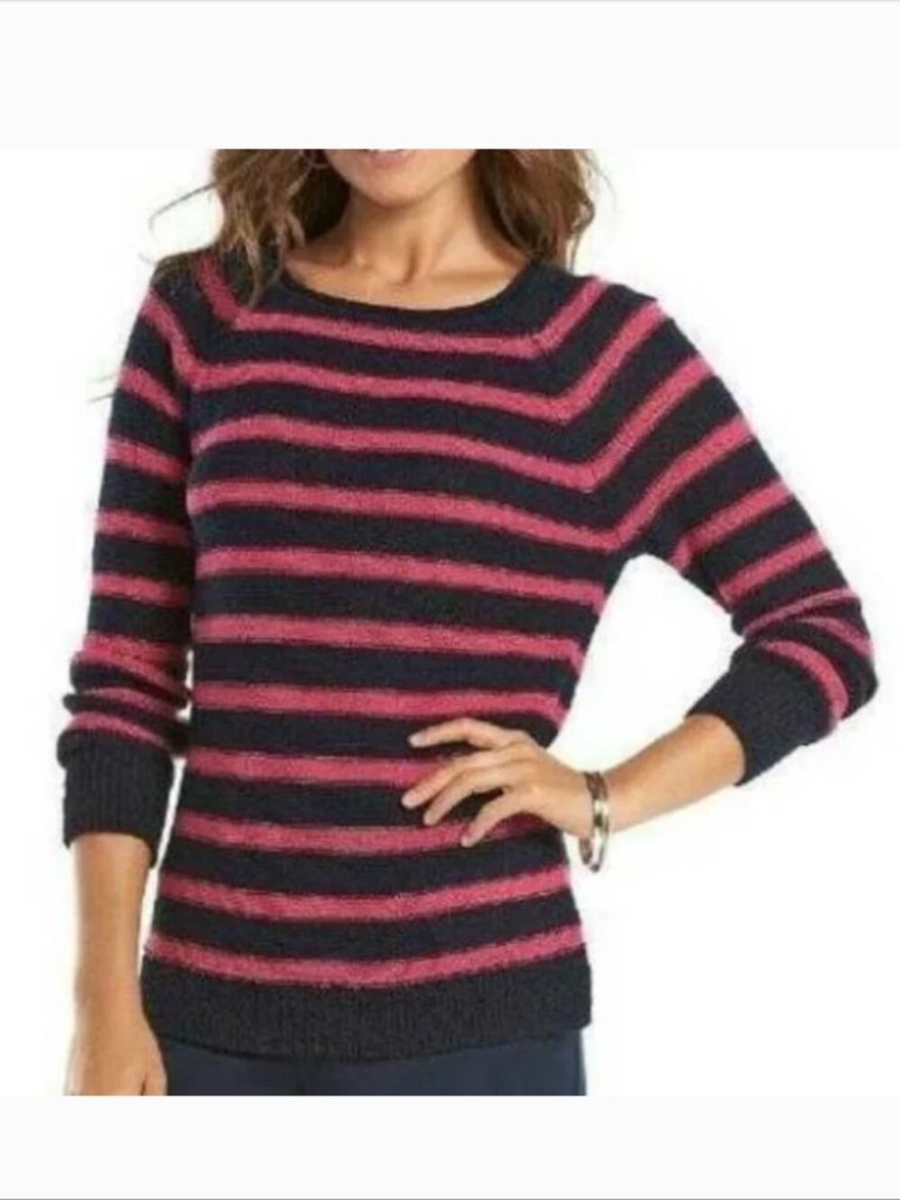 Chaps Sweater Womens XL Pink Black Striped Raglan Long Sleeve Boatneck Winter